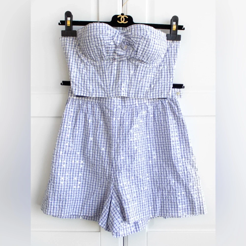 Rare Chanel Vintage Cruise 1995 Blue Gingham Bustier Shorts Camellia 95C Set - Picture 3 of 15